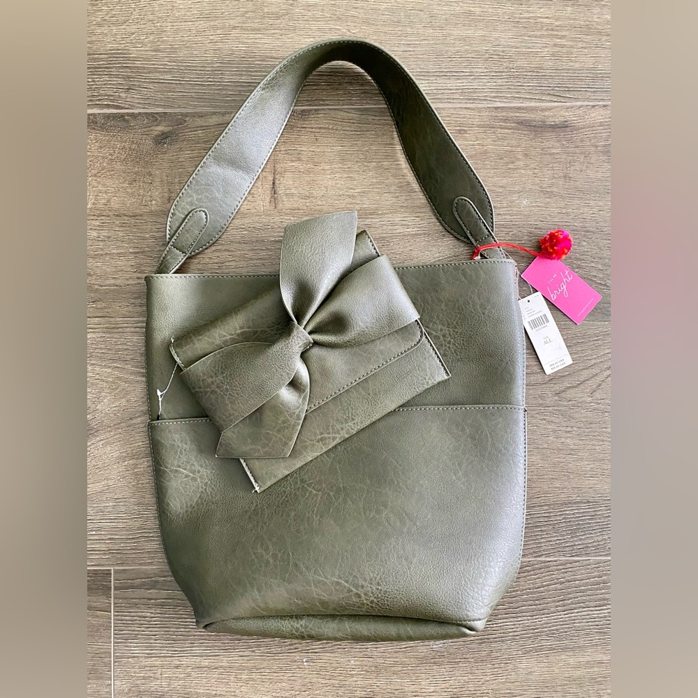 ANTHROPOLOGIE Faux Leather Olive Shoulder Bag With Matching Bow Clutch NWT